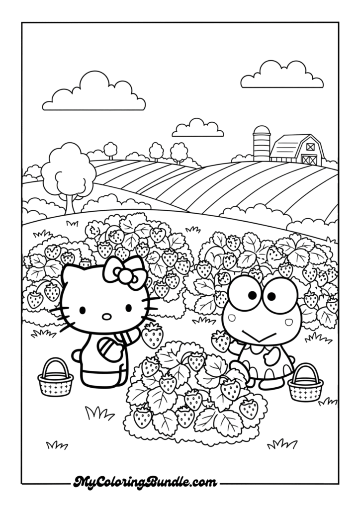 Hello Kitty and Keroppi picking strawberries