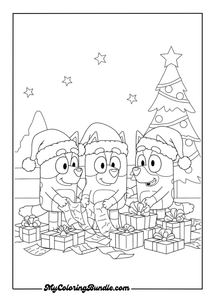 Bluey, Bingo, and Bandit opening gifts