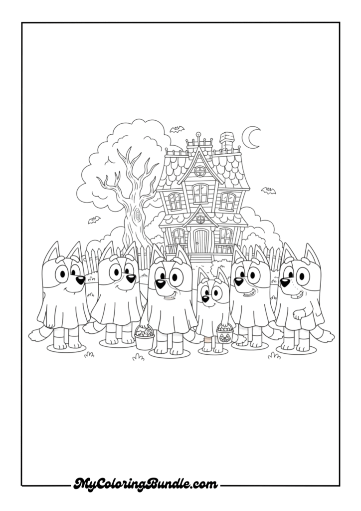 Bluey, Bingo, and friends wearing friendly ghost costumes