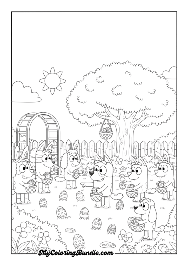 Bluey and her friends on an Easter Egg Hunt