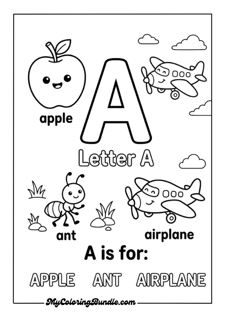“Alphabet coloring page for toddlers to learn letters and colors”
