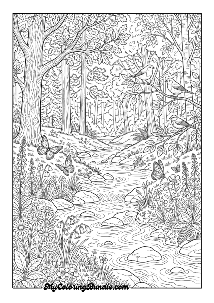 Forest Stream & Wildflowers Scene