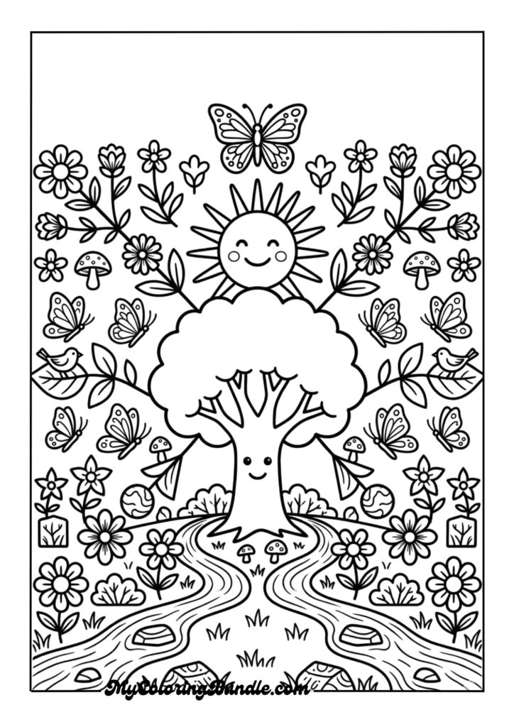 Nature coloring page for kids concentration activity
