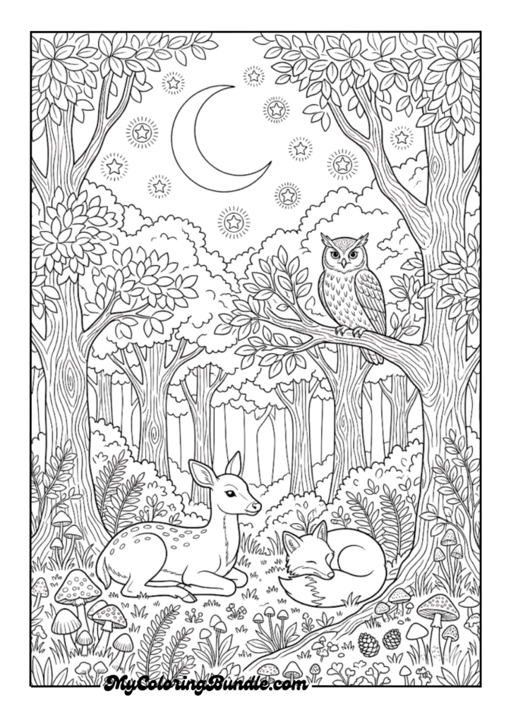 Woodland Night Animals Scene