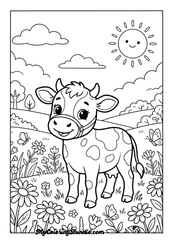 Baby Cow in a Sunny Meadow