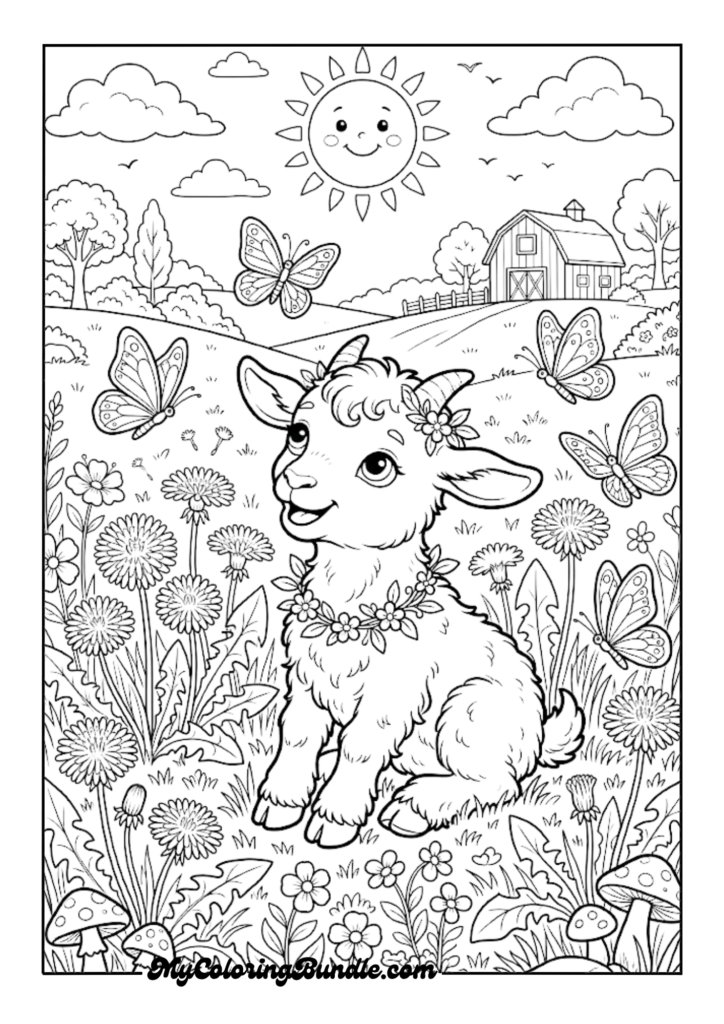 Baby Goat with Butterflies and Dandelions