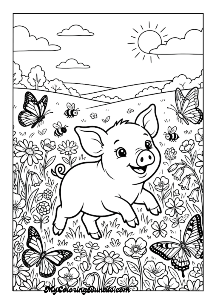 Baby Piglet Playing in a Flower Meadow