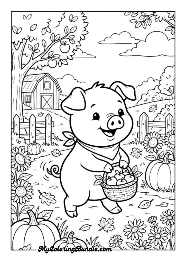 Baby Piglet with a Basket of Apples