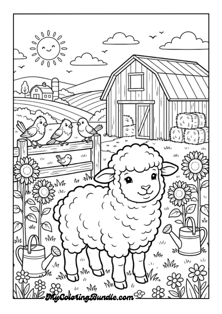 Baby Woolly Lamb Beside a Barn