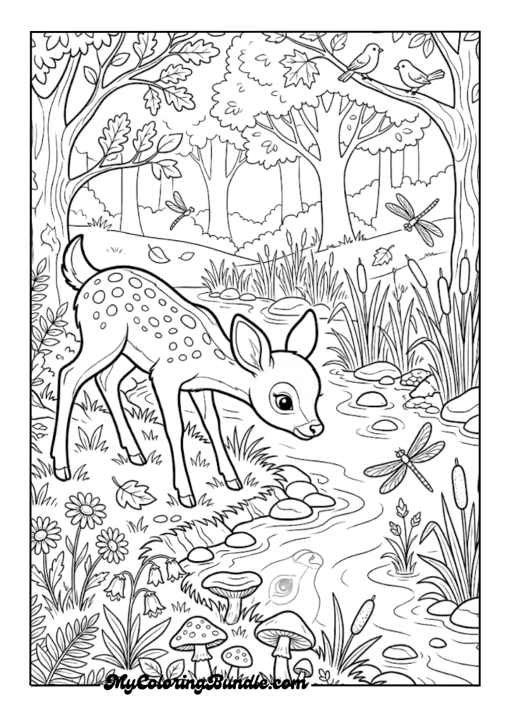 Curious Deer Fawn by a Forest Stream