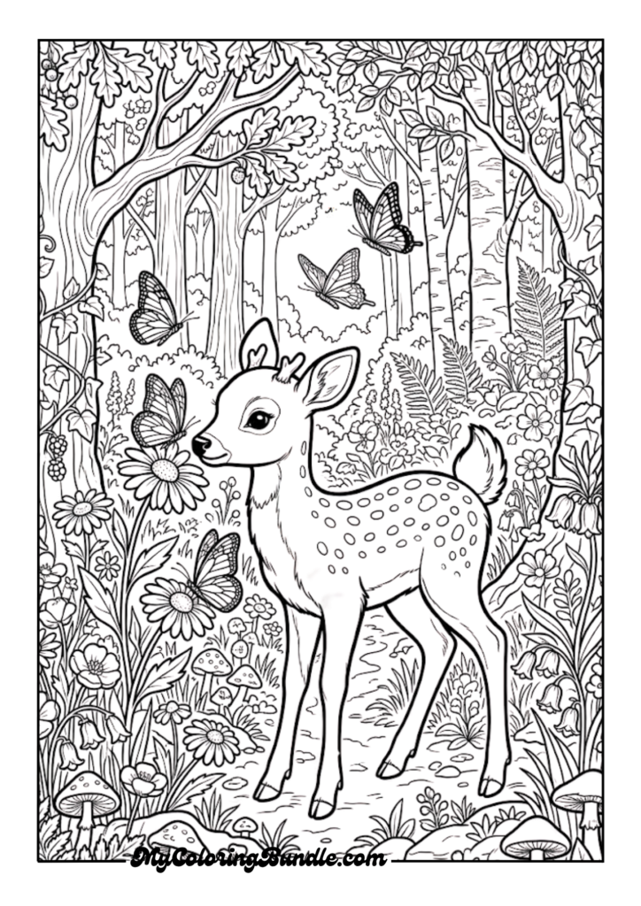 Deer Fawn with Butterflies and Flowers