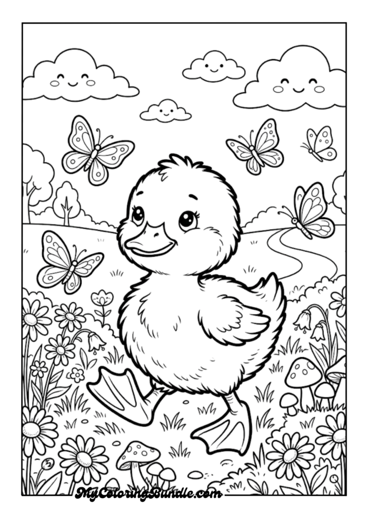 Downy Duckling Following Butterflies