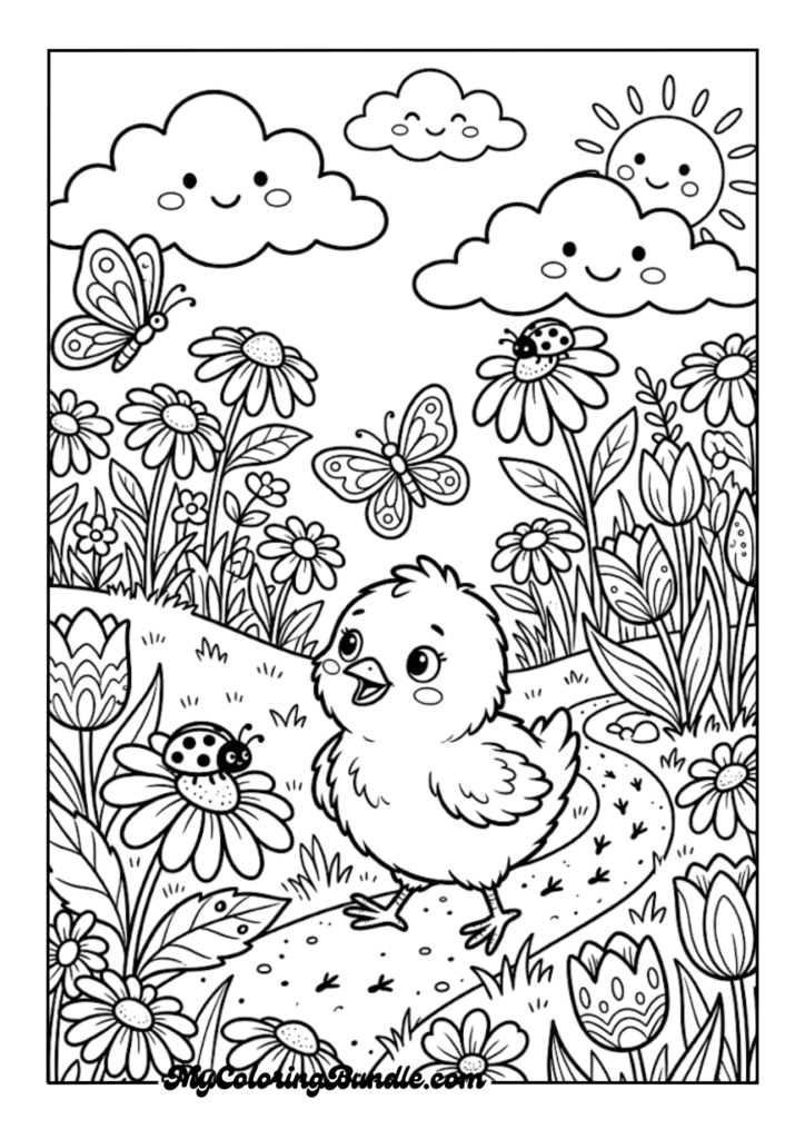 Fluffy Chick Exploring a Flower Garden