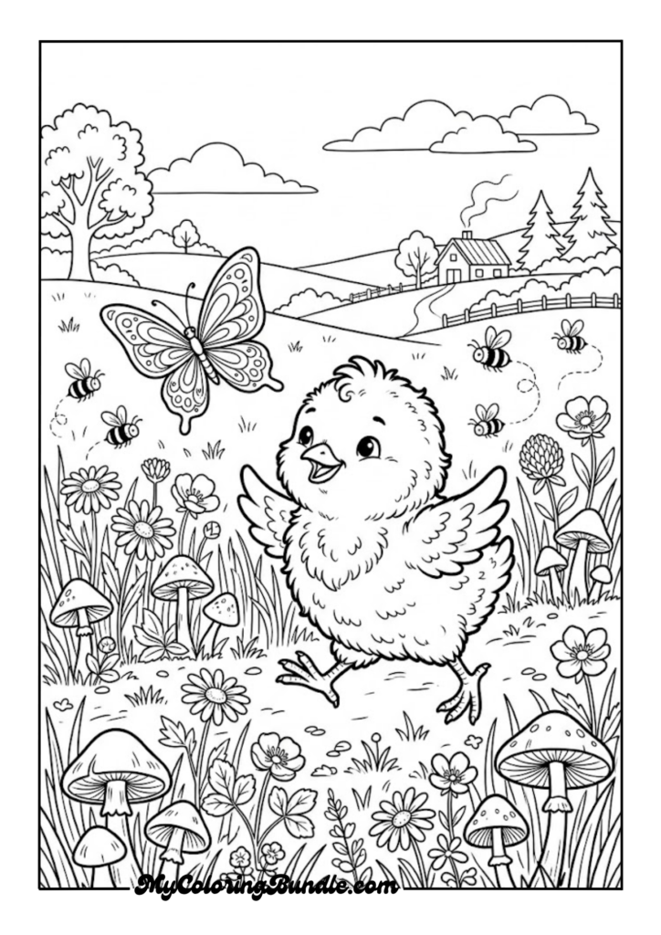 Fluffy Chick Following a Butterfly