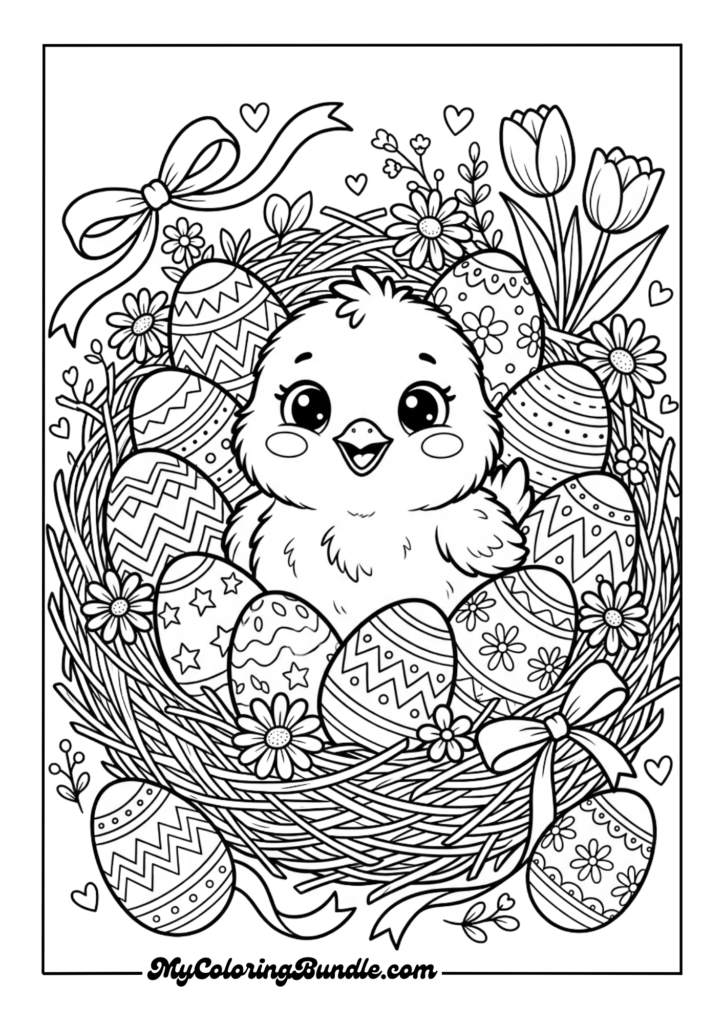 Fluffy Chick in a Nest with Easter Eggs