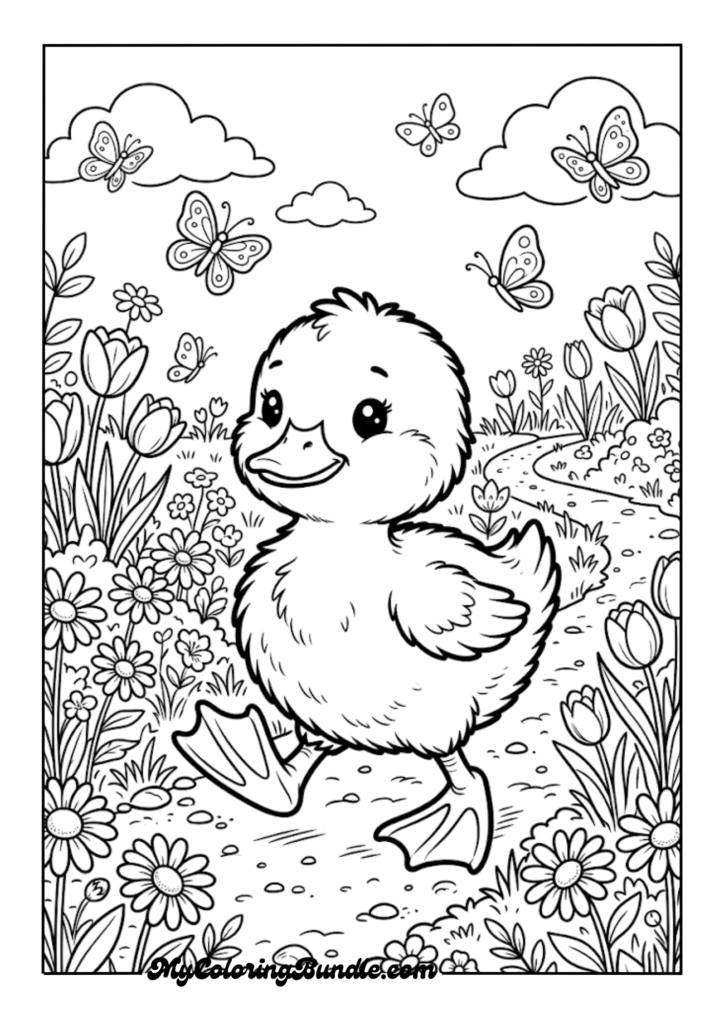 Fluffy Duckling Waddling Through a Flower Garden