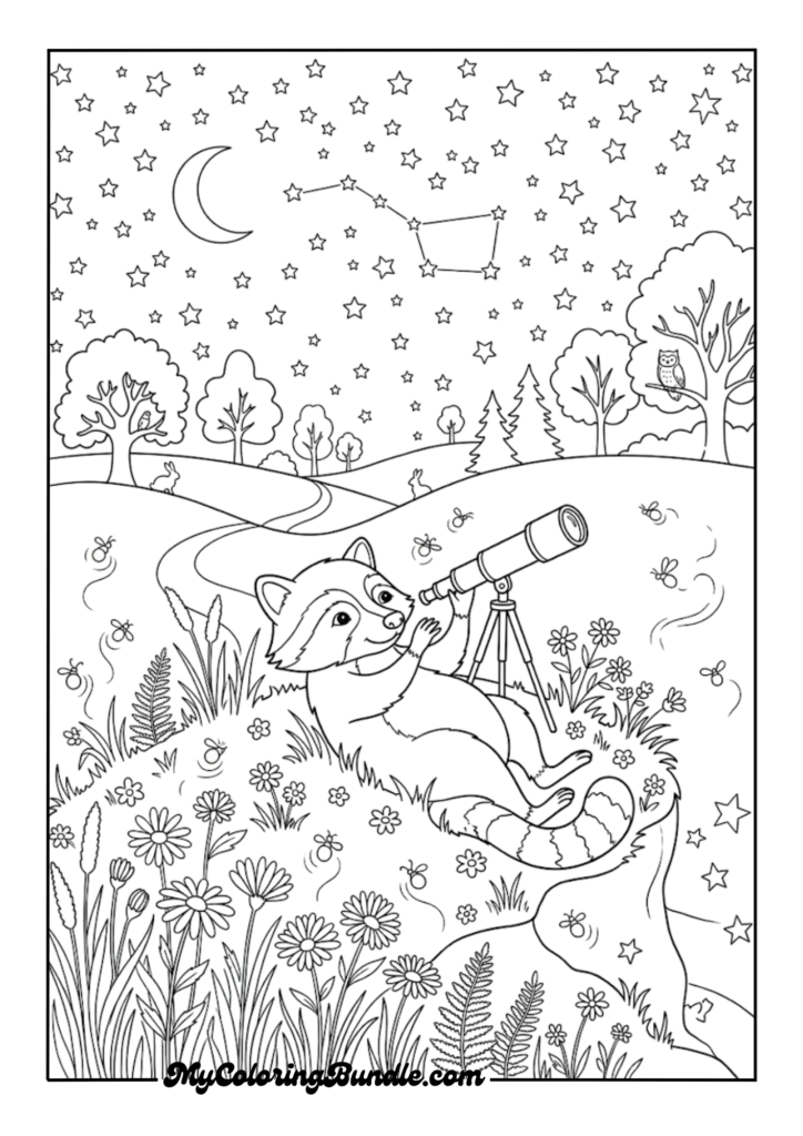 Raccoon Stargazing Night Scene
