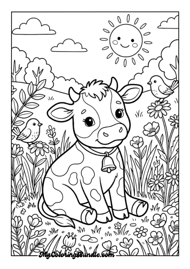 Sitting Baby Calf with Wildflowers