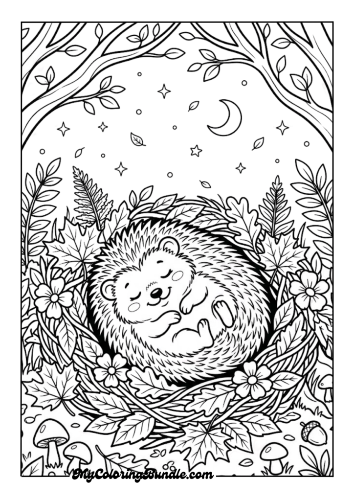 Sleeping Baby Hedgehog in a Leaf Nest