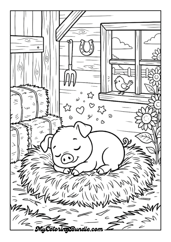 Sleeping Baby Piglet in a Straw Nest