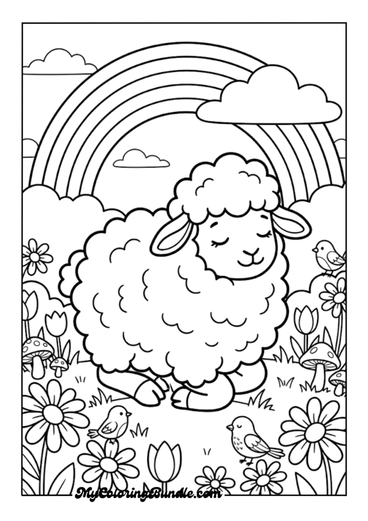 Sleeping Woolly Lamb Under a Rainbow