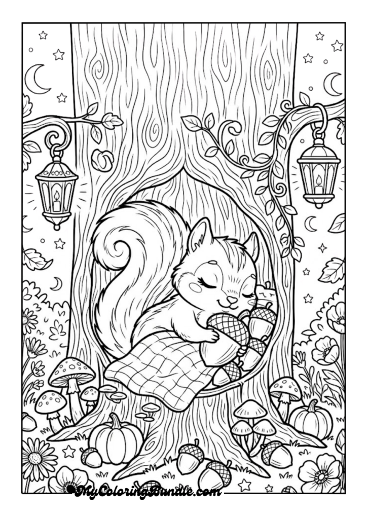 Sleepy Squirrel Acorn Bedtime Scene