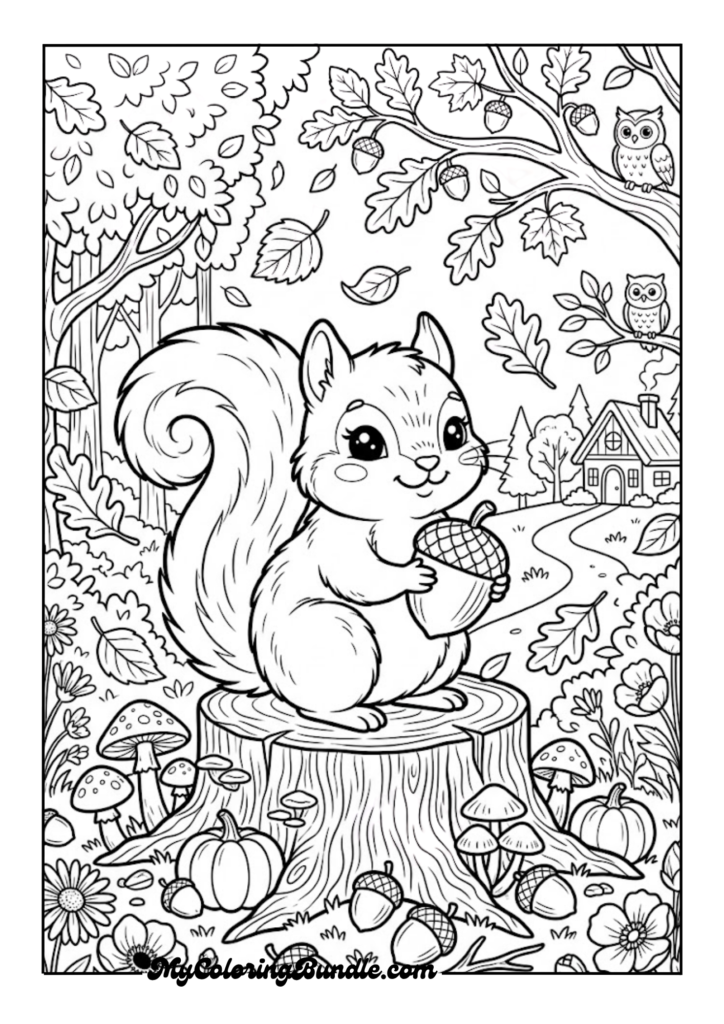 Squirrel Gathering Acorns in the Autumn Forest