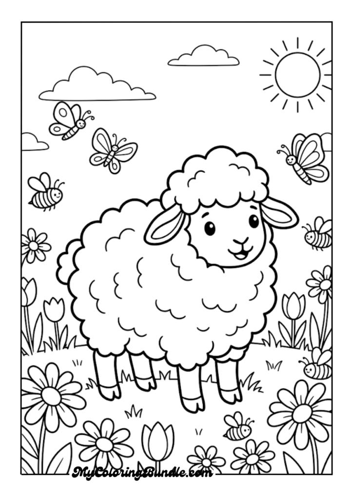 Woolly Lamb in a Spring Meadow