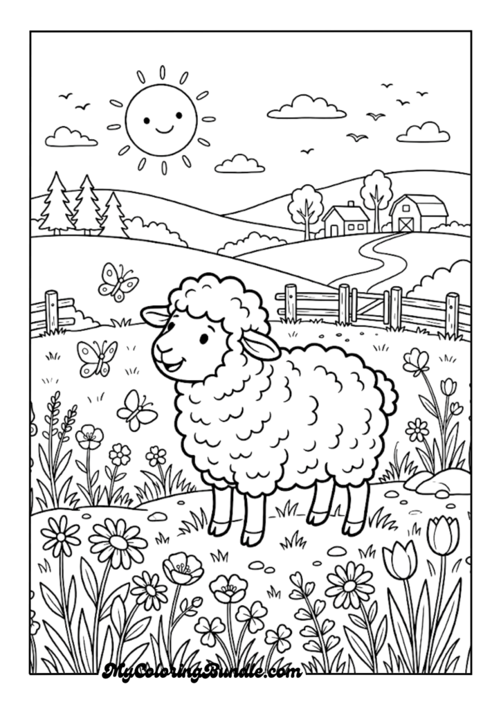 Woolly Lamb with Butterflies and Wildflowers